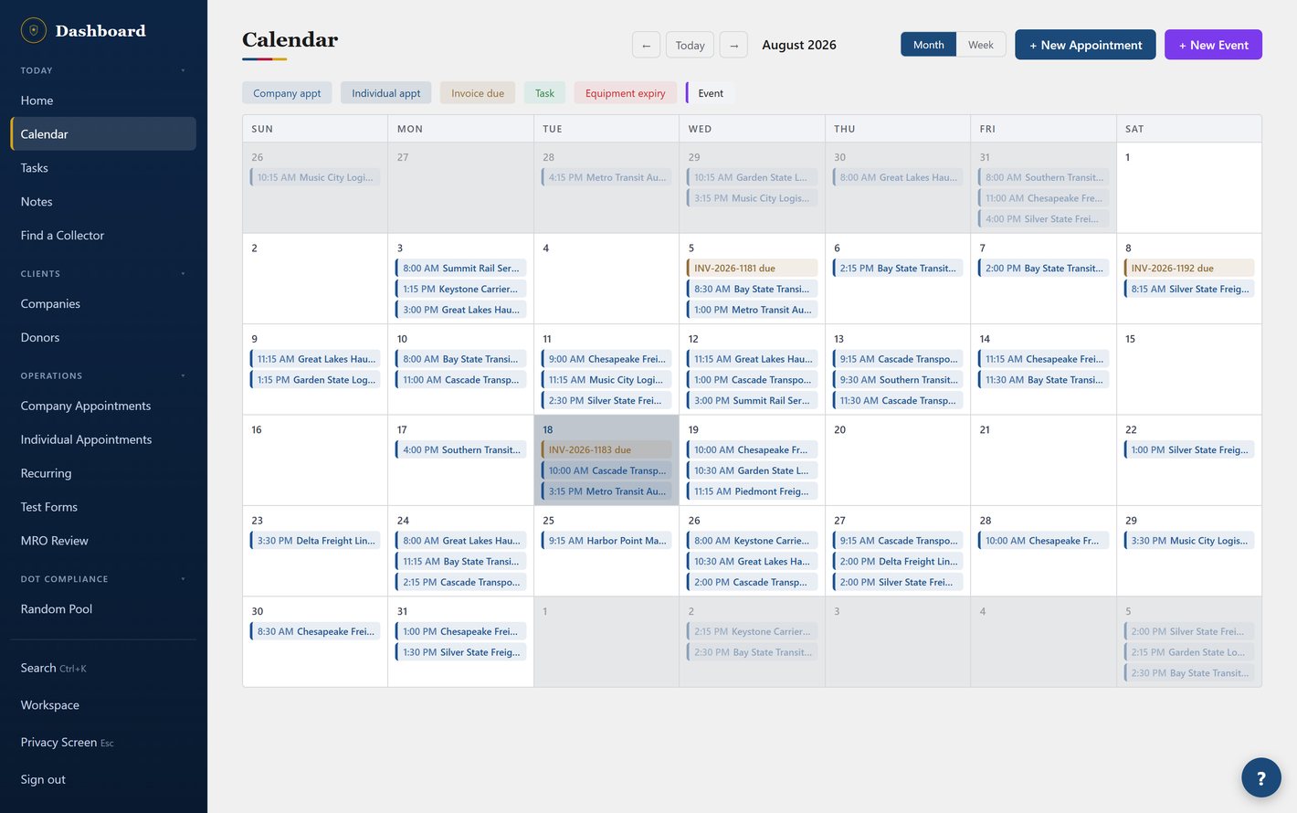 CollectHQ Calendar — collections scheduled across the month