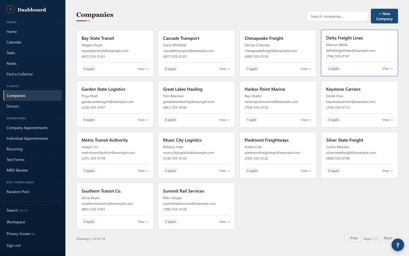 Olentra Companies — client companies with contacts and appointment counts